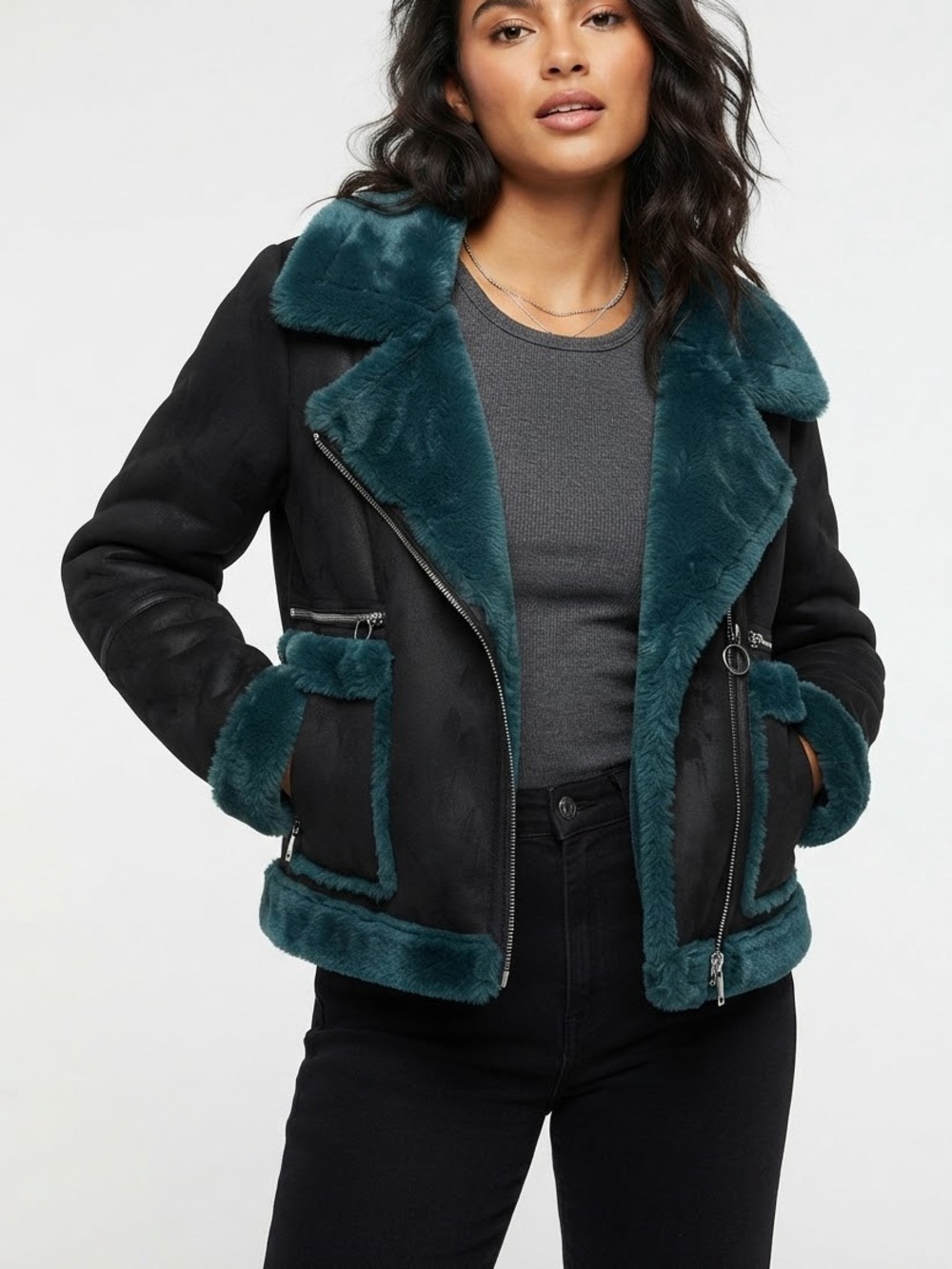 Harper & Lex Faux Shearling Aviator Jacket – Black & Teal – Size Small